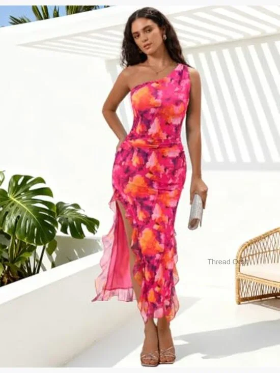 One Shoulder Mesh Ruched Bodycon Maxi Dress Formal Wedding Guest - Picture 3 of 7